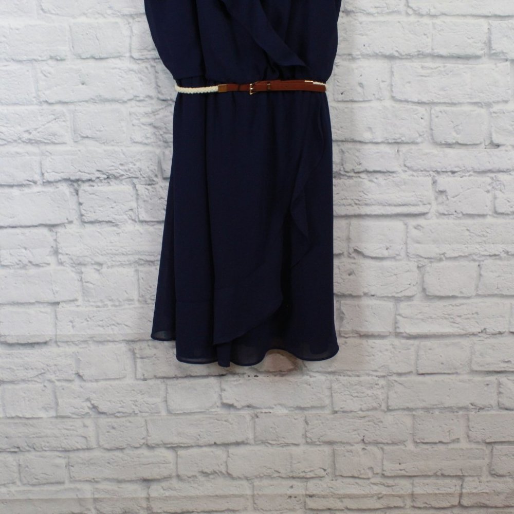 IZ BYER Navy Halter V Neck Ruffle Belted Faux Wrap Rustic Dress Size XL - Picture 3 of 10